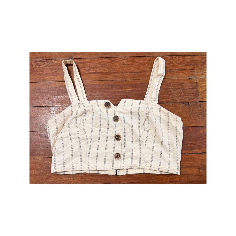 North End Womens Striped Cotton Crop Tank Top Button Front Back Zip Cream Medium